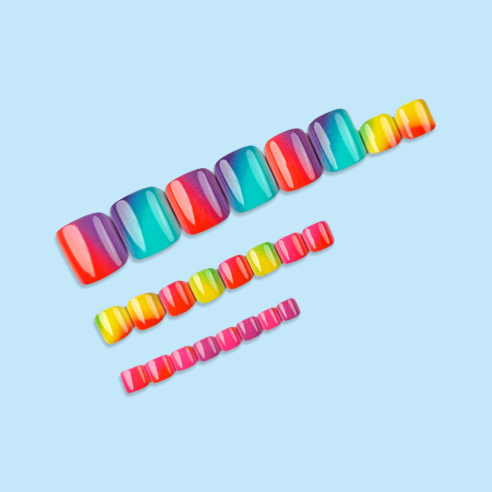 24 piezas en caja de uñas dulces y frescas, parches de uñas de color arco iris, productos terminados, venta en caliente transfronteriza de uñas de pie de gradiente