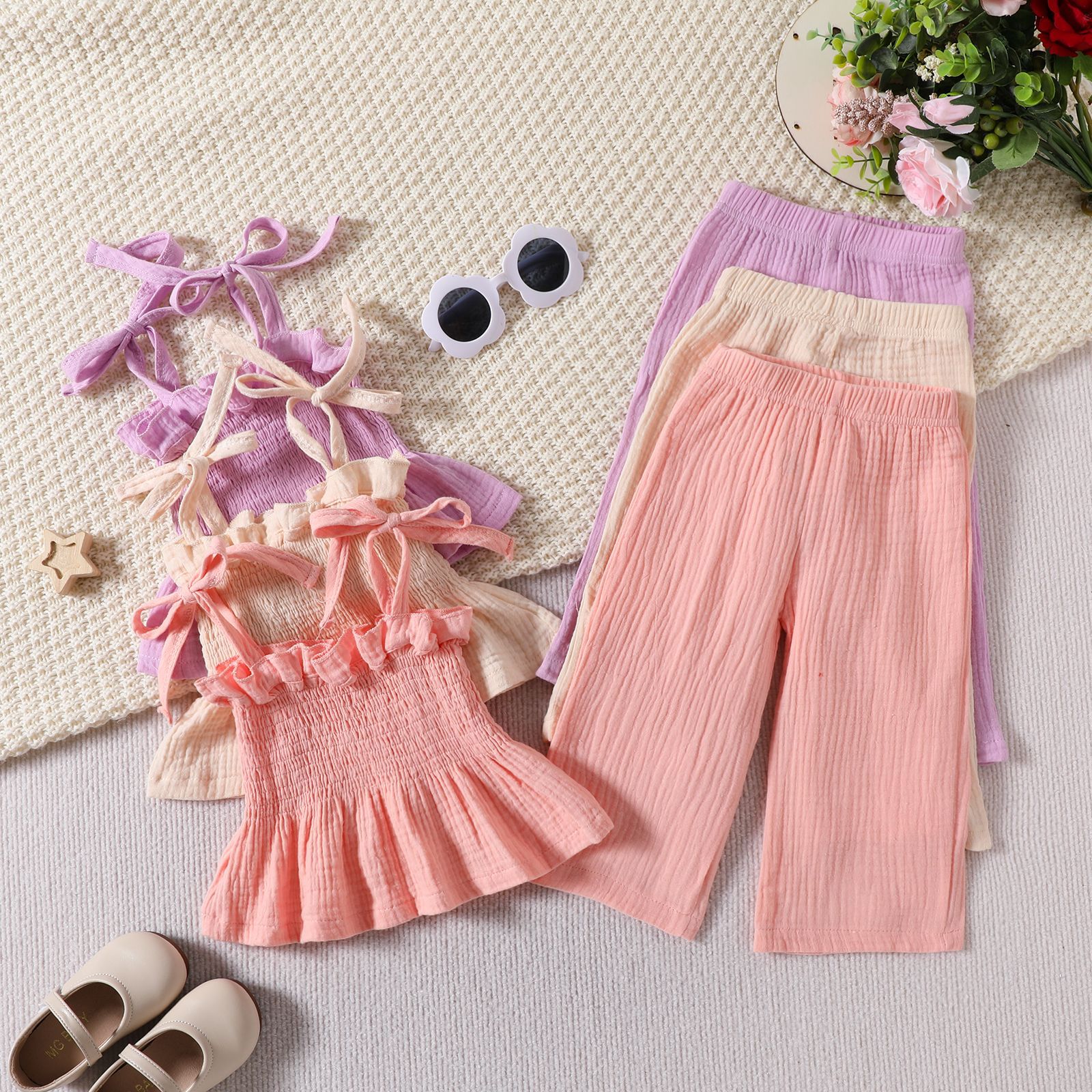 2026 New Style Simple Casual Style Suspender Top and Straight-Leg Pants for Infants and Toddlers Aged 0-3, Girls' Solid Color Set