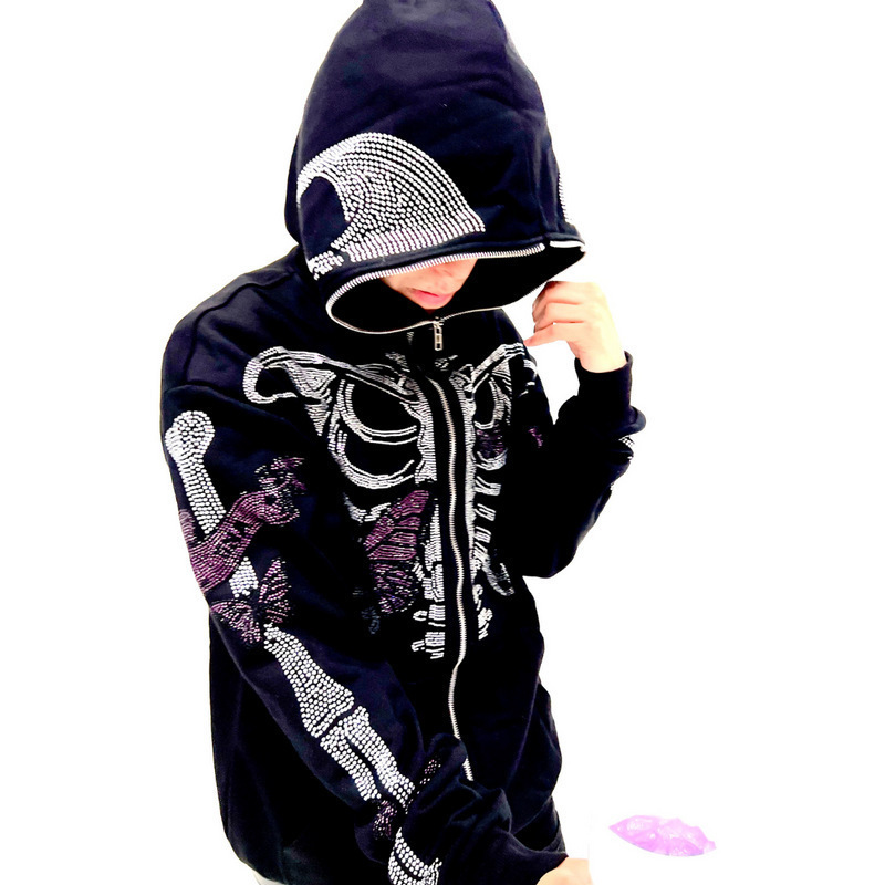 2022 autumn and winter Japanese new rhinestone flash diamond skull hooded sweater men's and women's zipper hooded cardigan coat fashion