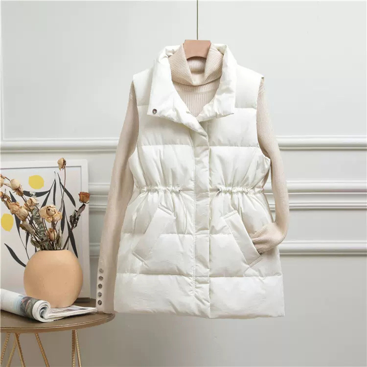 Cross-Border Autumn and Winter New Korean Style down Jacket Vest Women's Waist-Cinching Stand-Up Collar Slimming Warm White Duck down Jacket Trendy