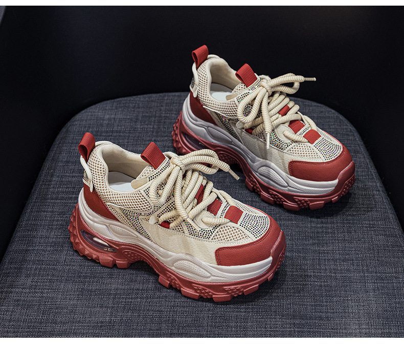 Giày sneaker nữ chunky đế dày phong cách retro, tăng chiều cao, đính đá lấp lánh — M2911 vàng, M2911 be, M2911 đỏ, M2911 xanh lá chi tiết 28
