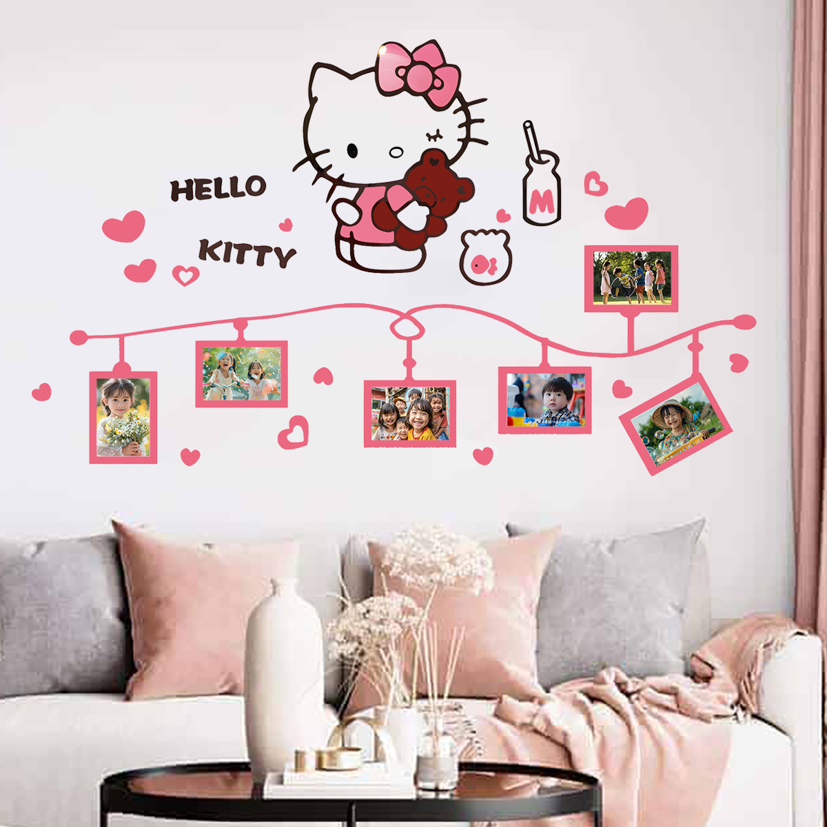 Sanrio 스티커 홈 소파 배경 벽지 장식 사진 앨범 벽 스티커 kt 고양이 케이트 고양이 따뜻한 추억 벽지