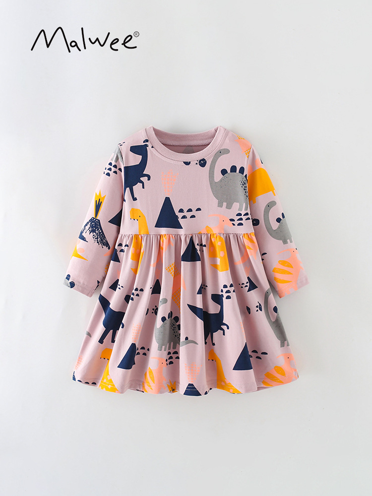 Malwee falda de niña otoño nuevo estilo europeo y americano de niños de media edad cuello redondo impresión casual vestido de manga larga