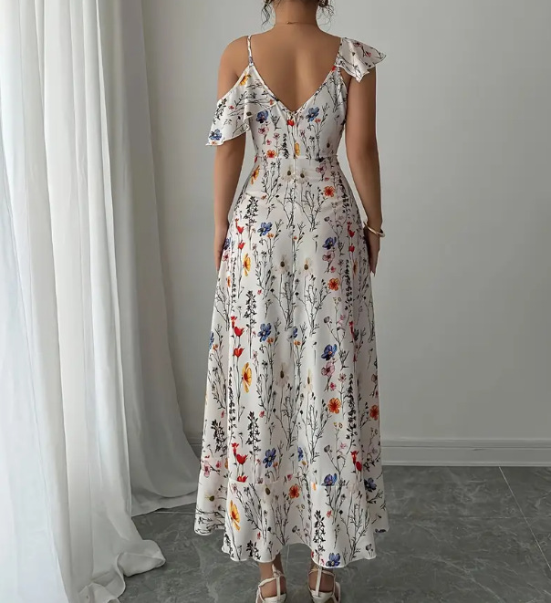Women's Clothing Floral Print Sundress Irregular Slit Slim Waist Vacation Style Long Dress Fairy Beach Photos Dress For Women_ecoleips.com