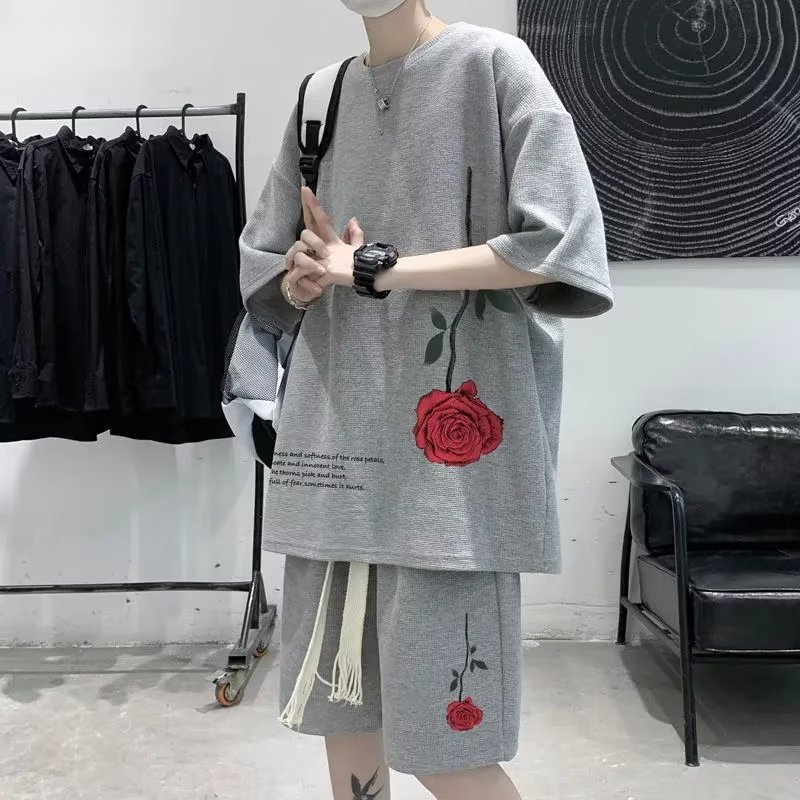 男气质夏季新款ins五分袖潮流百搭流行五分裤文艺休闲套装慵懒T恤