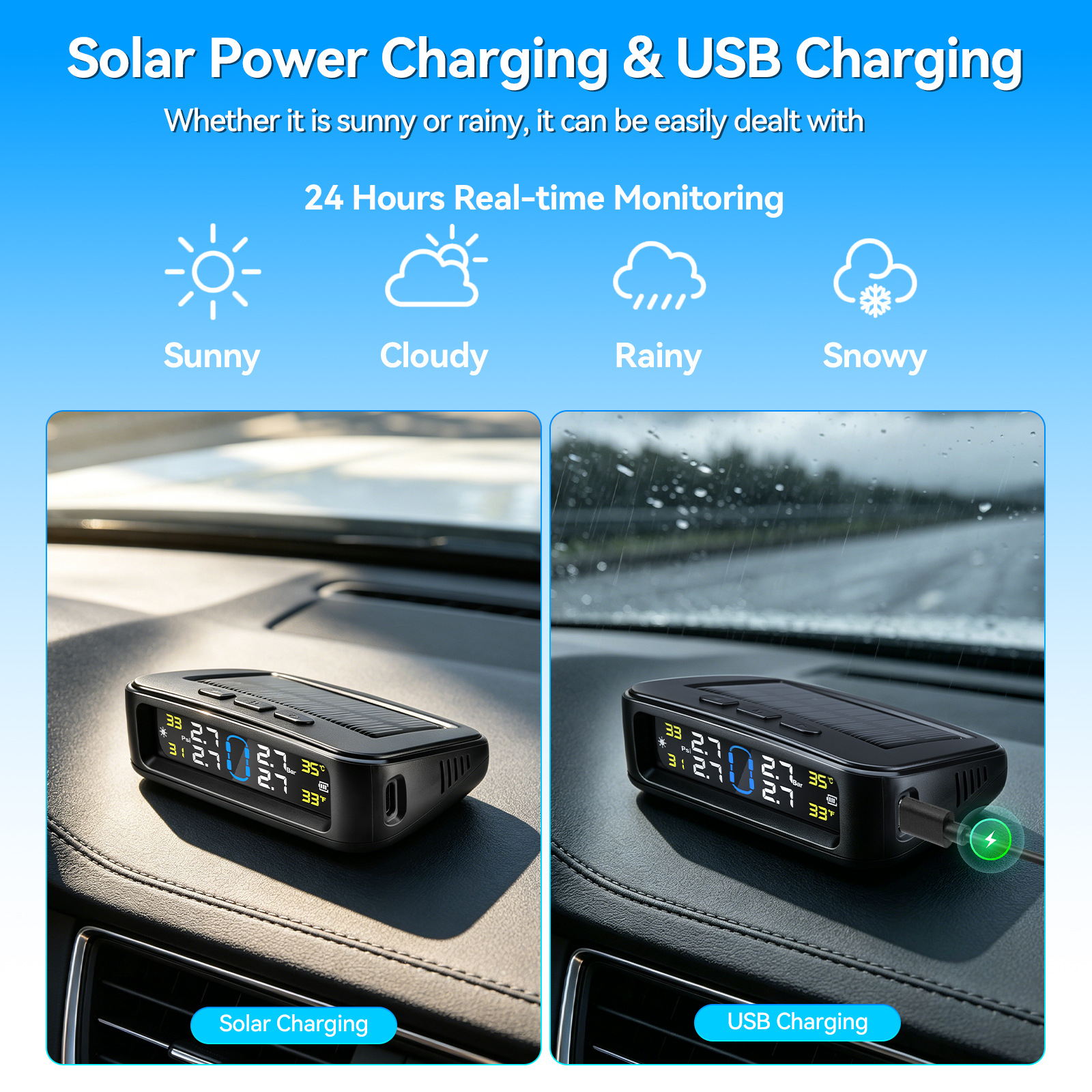 Woliip Solar Tpms Car Tire Pressure Monitoring System Wireless Sensor High-Precision Digital Display