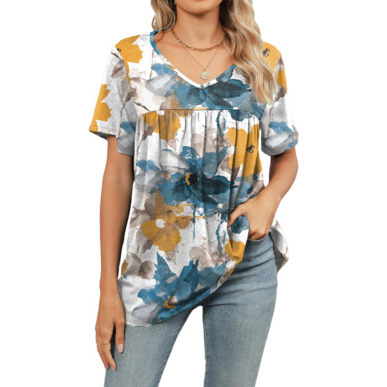 Amazon Independent Station Europe and America Cross-border Foreign Trade 2025 Spring and Summer New V-Neck Printed Short-sleeved T-shirt Pleated Top for Women