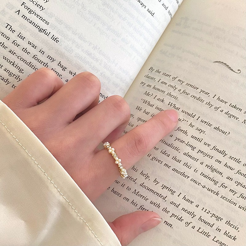 Anillo de circonita de perlas de viento ins, nicho femenino, sentido de alta gama, simple y ligero, anillo de novia de lujo, anillo de apertura de temperamento al por mayor