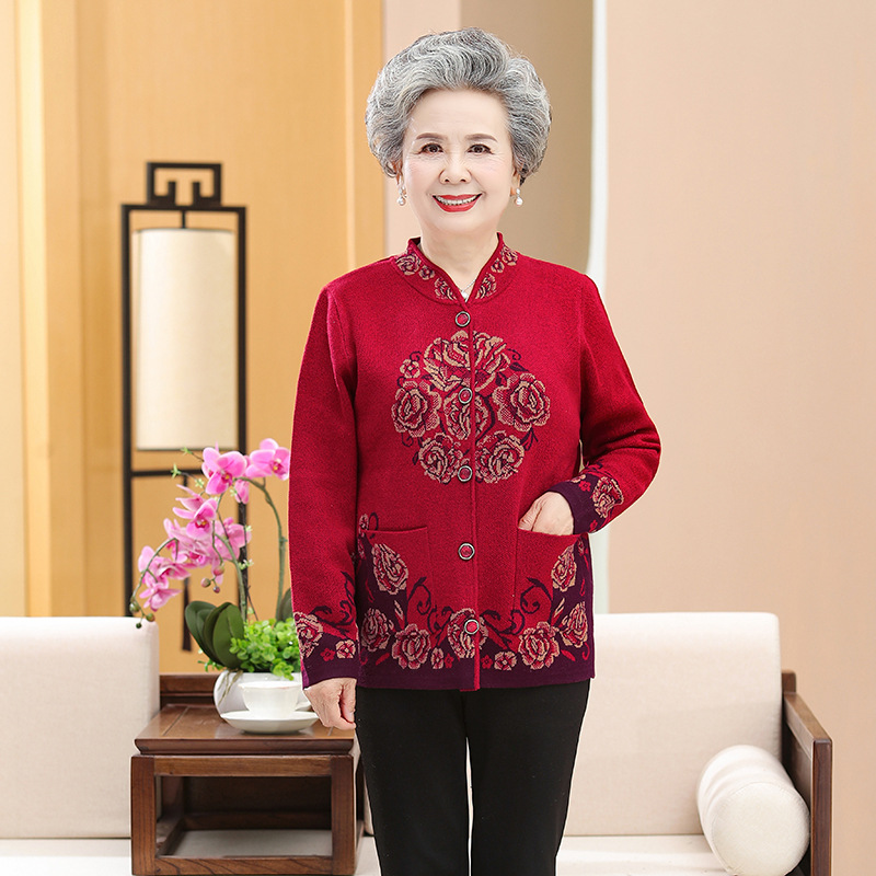 秋冬中老年妈妈女针织开衫老奶奶红色喜庆婚宴礼服外套加绒加厚唐