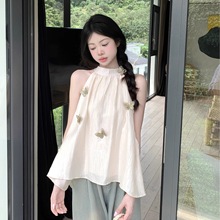 夏季法式立体蝴蝶挂脖露肩背心女甜美无袖遮肚子显瘦宽松雪纺上衣