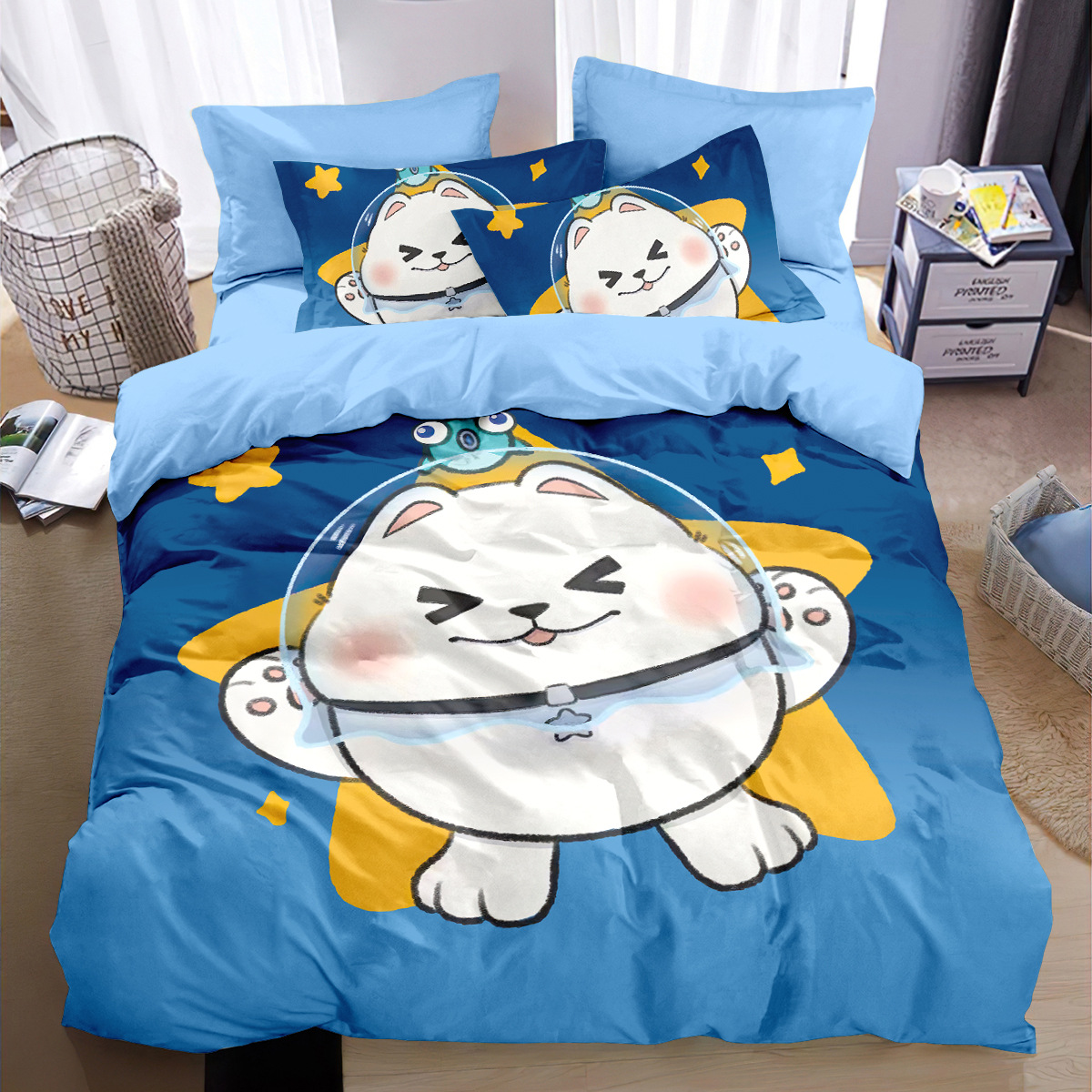 Eggboy Party Pure Cotton Four-Piece Set for Kidsren and Students, Quilt Cover, Bed Sheetss, Cartoon Cute Bedding, Cotton Quilt Cover, Three-Piece Set