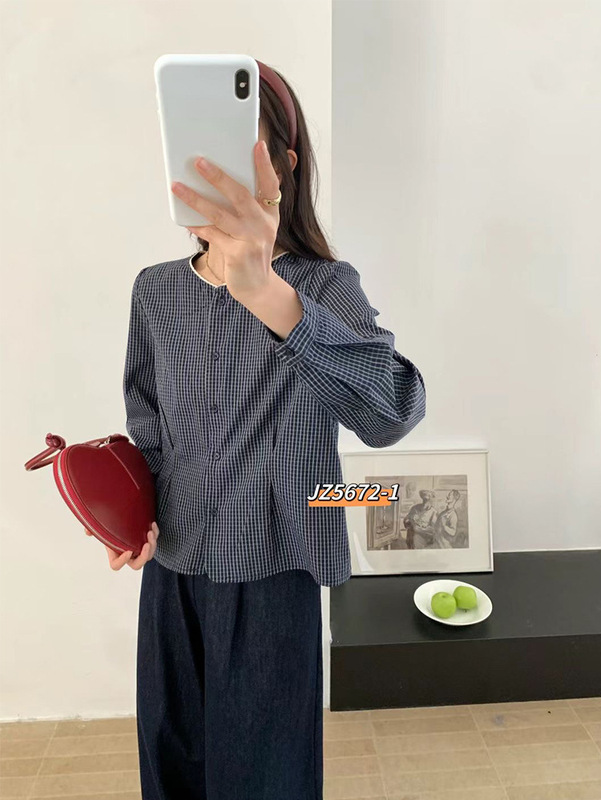 秋季新款温柔款优雅圆领格子衬衫宽松显瘦舒适减龄长袖上衣女ZR|undefined