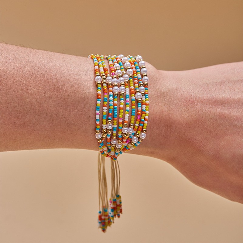 Geometric Pattern Retro Classic Style Geometric Imitation Pearl Seed Bead Rope Beaded Chain Stretch Adjustable Beaded Bracelets Wholesale