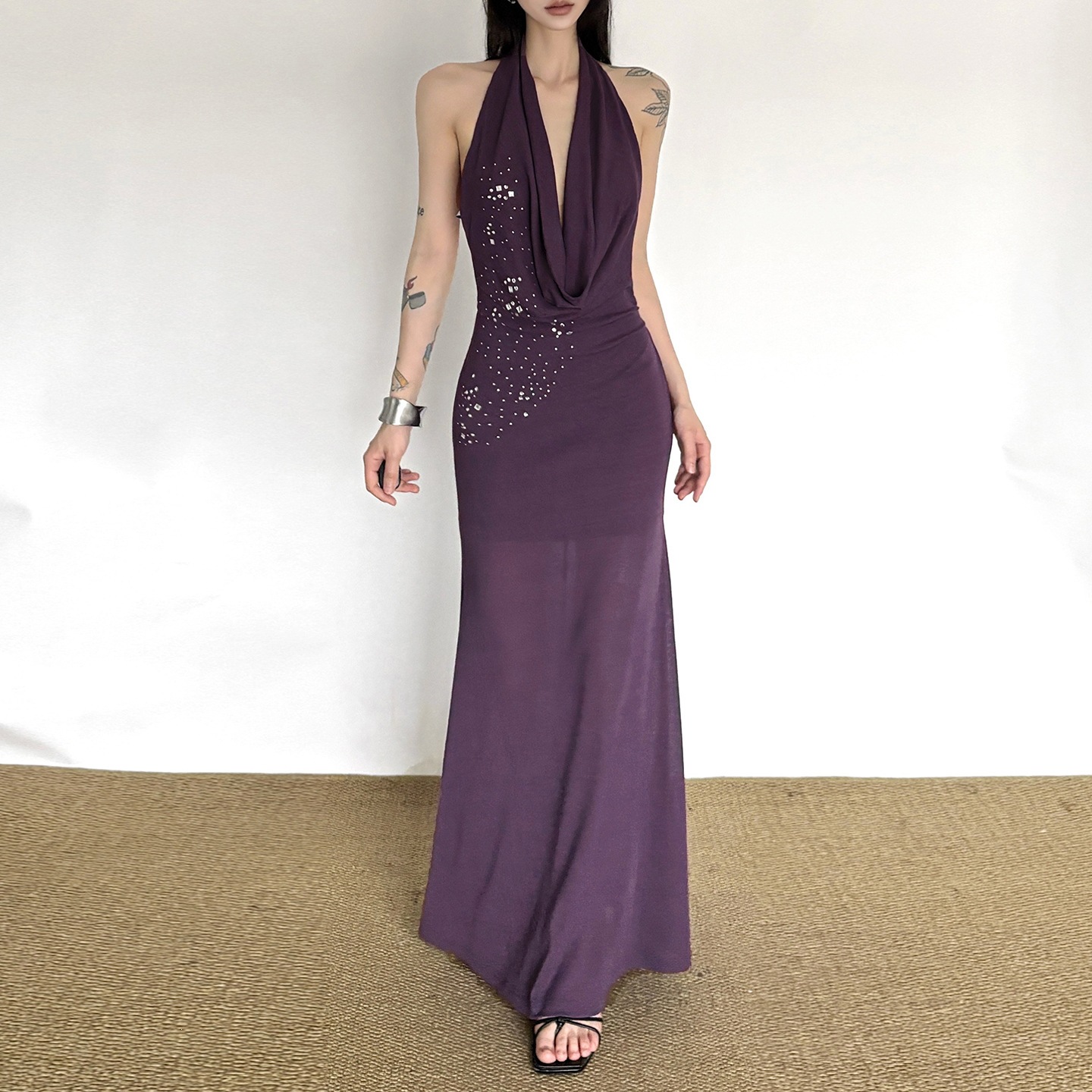 2026 European and American Cross-Border Summer New Fashion Stylish Halter Neck Swing Collar Niche Elegant Rhinestone Design Dress for Women