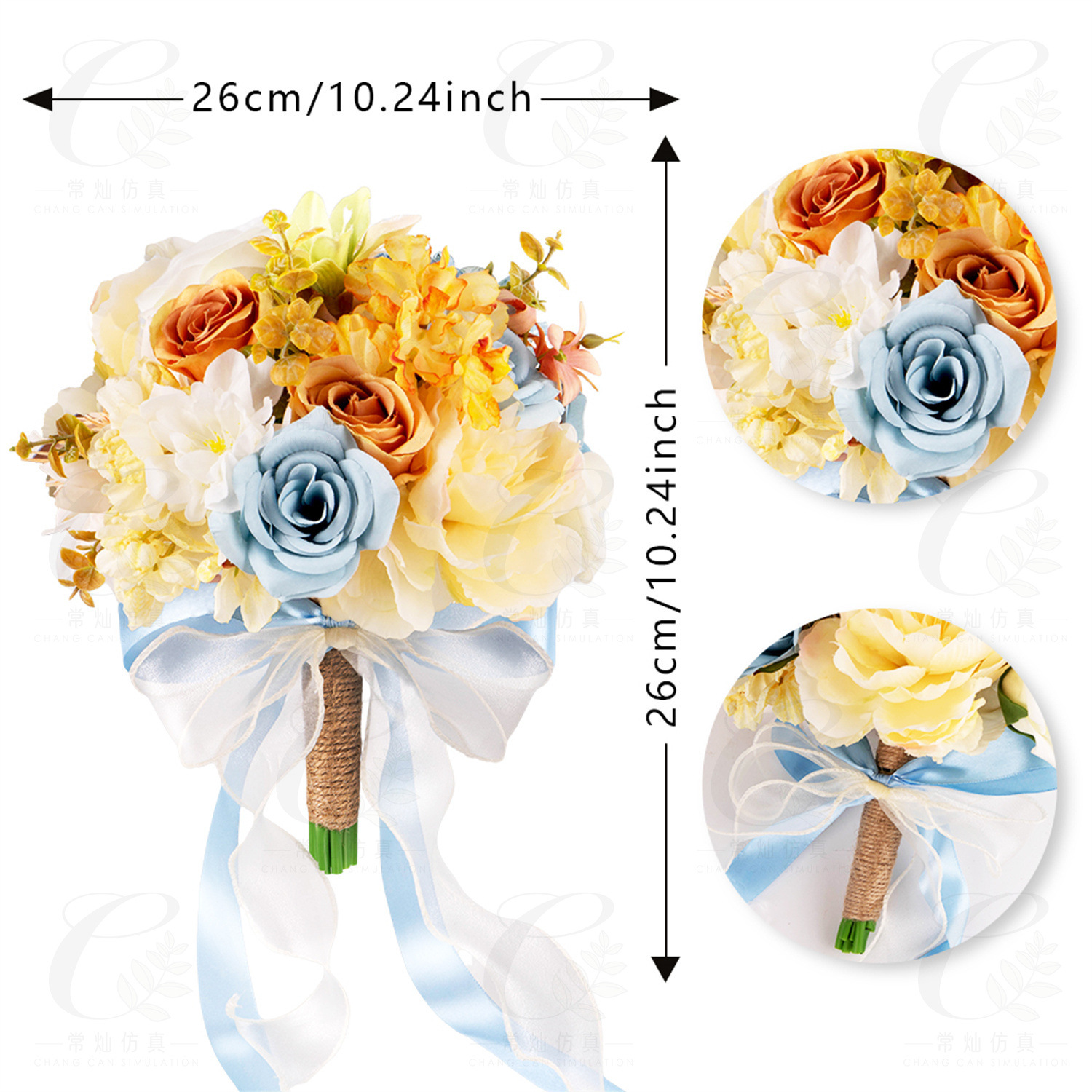 1PC 샴페인 블루 아네모네 수국 꽃다발-1(26cm; 꽃 30개)