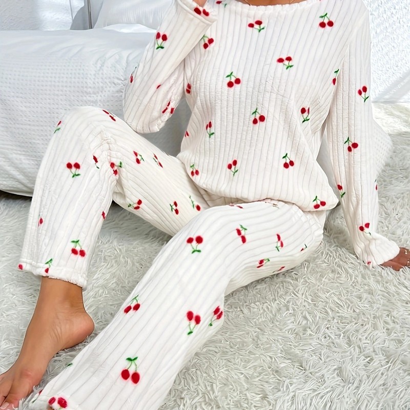 欧美外贸新品跨珊瑚毛绒睡衣女秋冬季印花加绒保暖圆领家居服套装|undefined