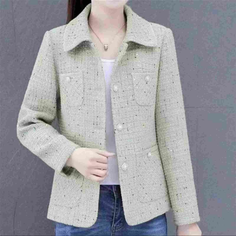 春と秋の新しいママの服、ゆったりとファッショナブルなジャカードの小さな香りのジャケット、女性用のショートチェック柄カーディガントップ|undefined