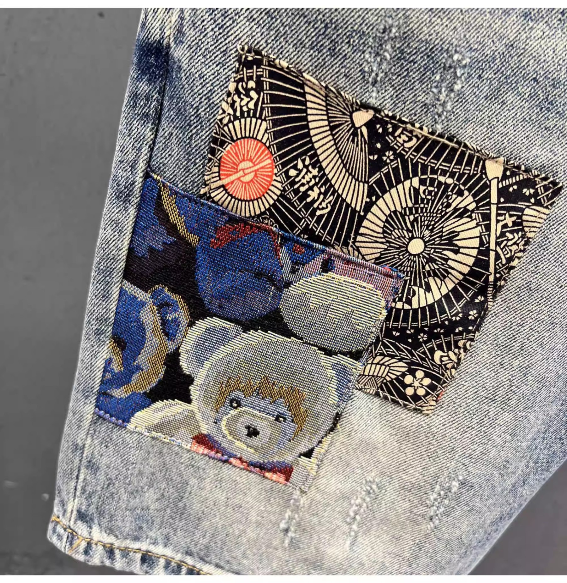 Men's Denim Shorts Patchwork Embroidery Ripped High Street Style_voghion.com