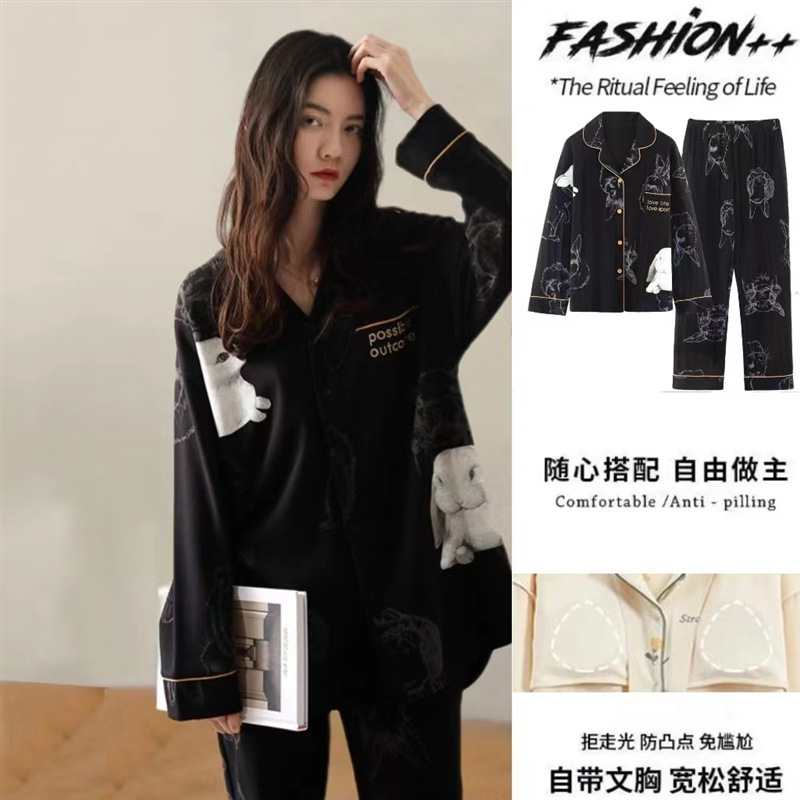 100% pijamas de algodón traje de mujer con almohadilla en el pecho Primavera y otoño pantalones de manga larga dulce simple de dibujos animados prendas de vestir exteriores homewear