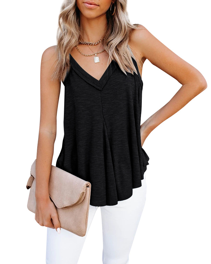Canotta da donna con scollo a V nuova estate 2024 e top in cotone senza maniche con orlo multiplo irregolare_voghion.com