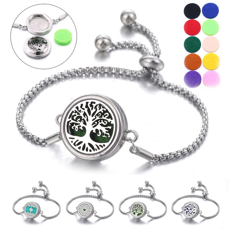 New Style Threaded Stainless Steel Aromatherapy Bracelet Hollow Tree of Life Bangle Diffuser Adjustable Alloy Couple Jewelry