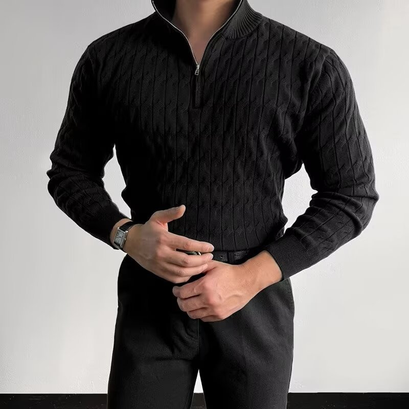 Autumn Half Zip Stand Collar Knitting Sweater Men's Fashion Fried Dough Twists Long Sleeve Sweater_voghion.com