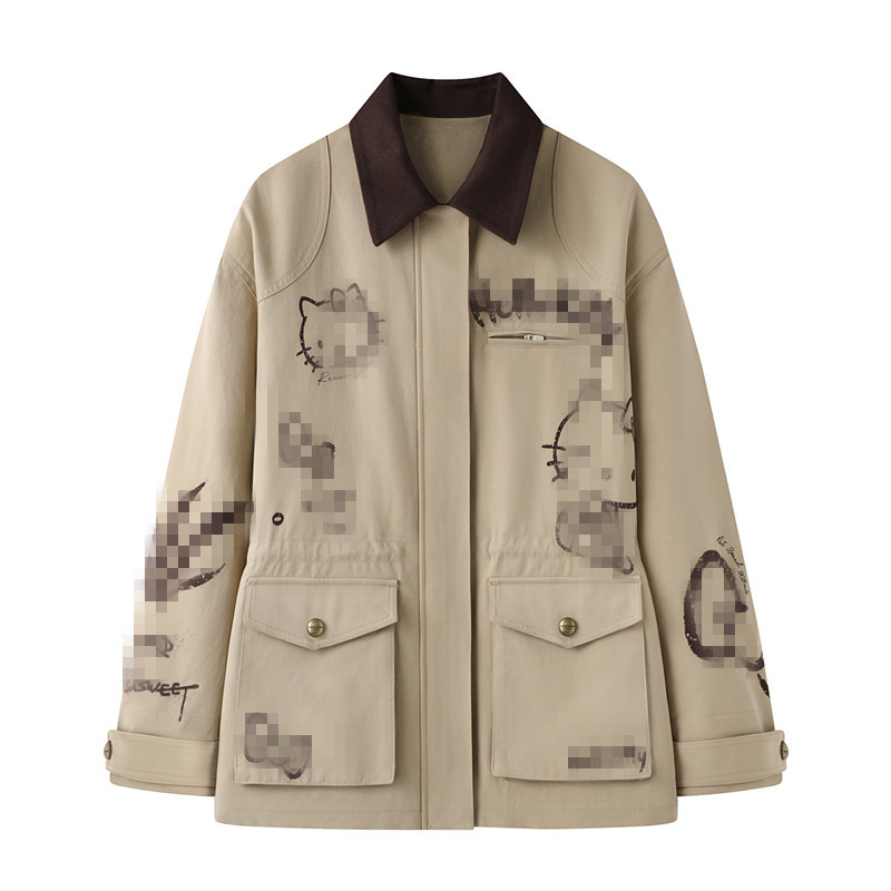 现货2025秋新款宽松卡通猫咪字母印花工装风牛仔外套70110439