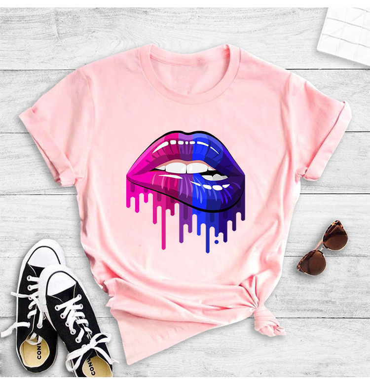 camiseta de manga corta casual con estampado gráfico de labios de color NSYIC58813