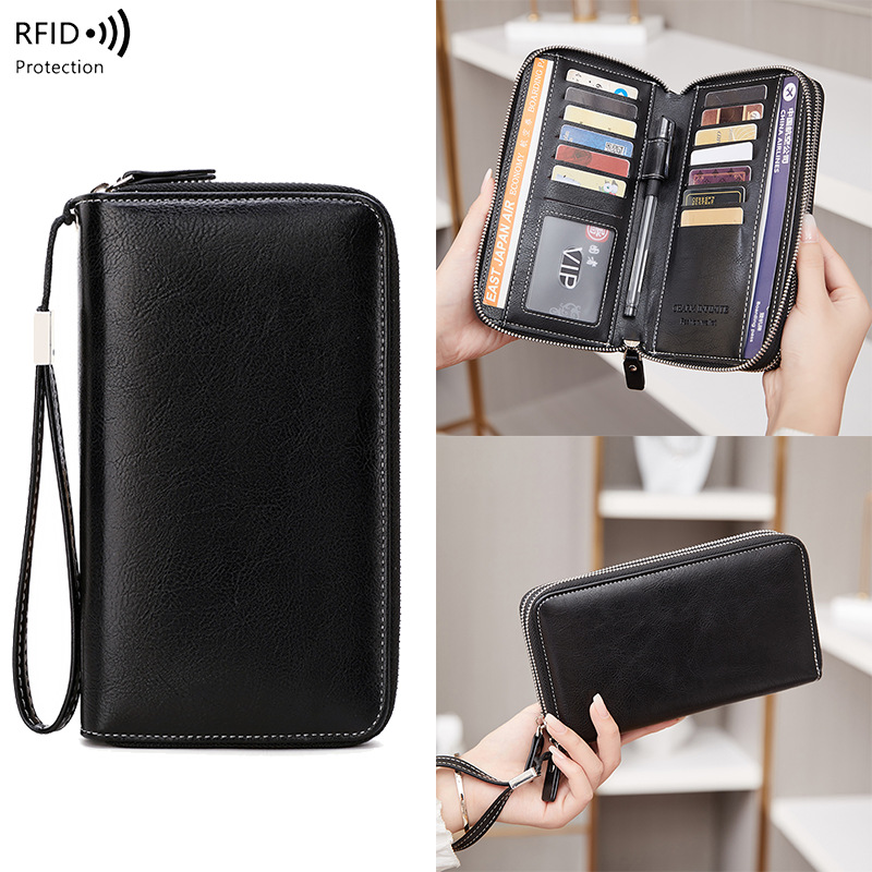New cross-border Japanese style men's wallet, portable, large capacity, RFID, multi-card slot, long zippered wallet, high-end feel.