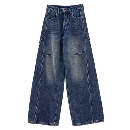 American retro cutlass jeans with broken holes for women, early and spring design, loose and slimming, wide-leg sickle pants