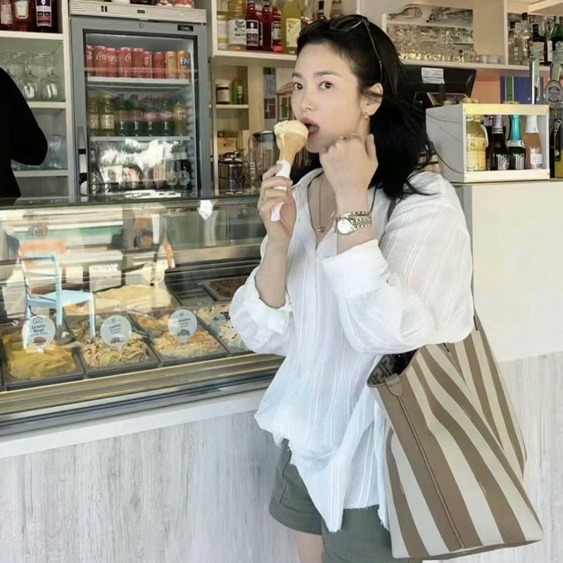 Mo * a Homemade Song Huiqiao Same Style Texture Striped Shirt Women's 24ss Spring/Summer Casual Loose Long Sleeve Top