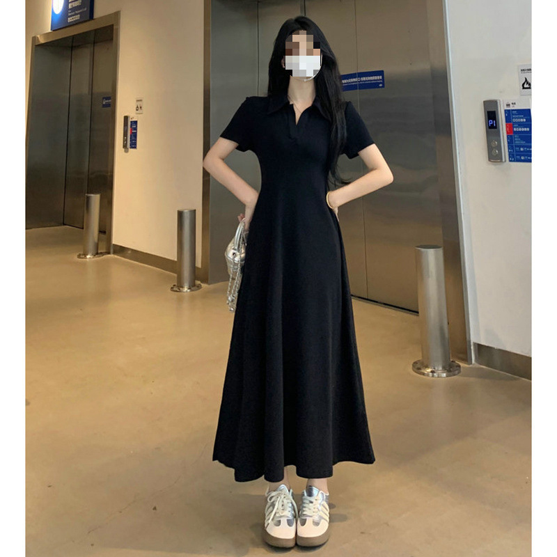 プラスサイズのファットmmカジュアルドレープ右肩ポロカラー半袖ドレス夏万能ウエスト痩身スカート|undefined
