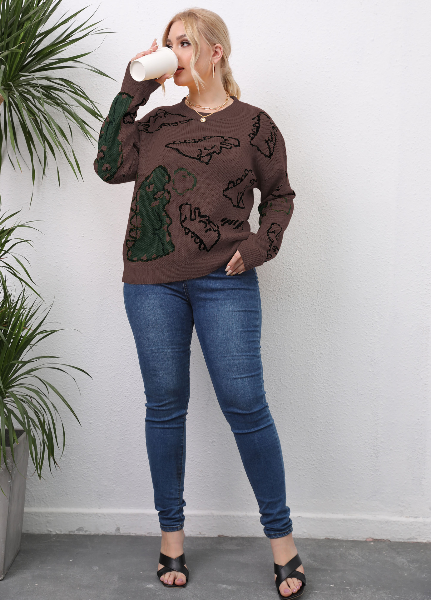 Plus Size Dinosaur Jacquard Loose Pullover Sweater NSOY104698