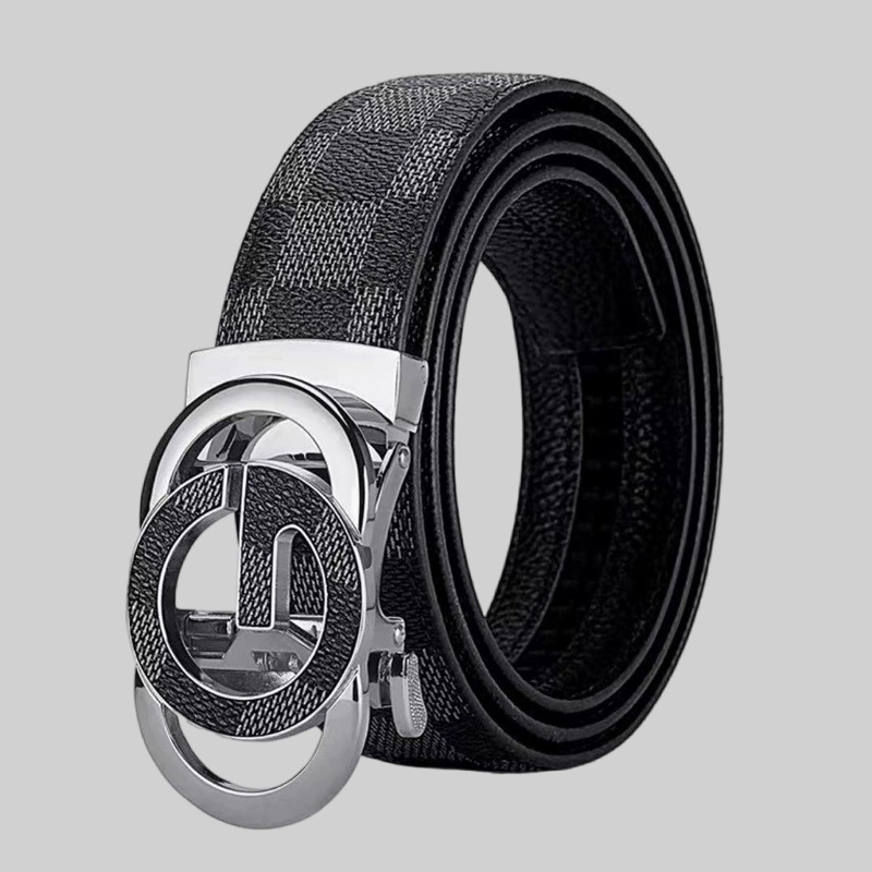 Cinturón de Cuero Genuino de Dos Capas para Hombre, Estampado de Cuadros, Hebilla Automática, Estilo Casual de Lujo