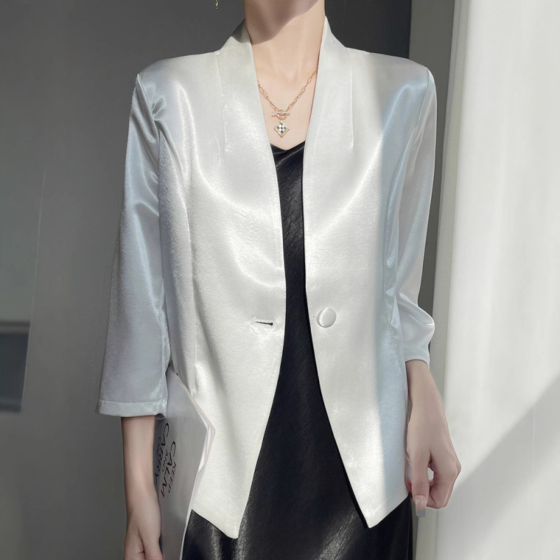 White Acetic Acid Satin Suit Jacket Women's 2025 Summer Thin High-end Elegant Short Top Small Suit
