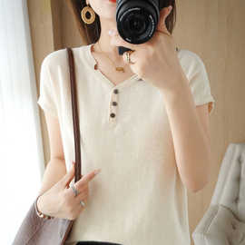 新款纯棉短袖女纯色针织女士v领棉麻T恤大码韩版打底夏季半袖上衣