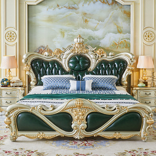 European-Style Genuine Leather Double Bed Villa 2m Solid Wood Crown Carved Soft-Back Master Bedroom Wedding Bed Custom-Made High-End