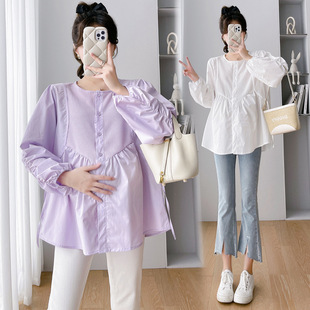 Real Shot of 2024 New Autumn Loose Round Neck Long-Sleeved Shirt Splicing Top for Pregnant Women