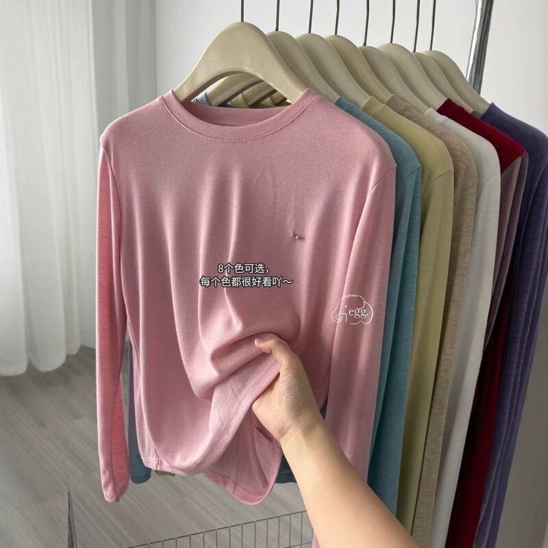 eggsmile Tencel skin-friendly long-sleeve fashion heart print T-shirt, round neck knit top, loose fit, slimming, versatile top eggsmile Tencel skin-friendly long-sleeve fashion heart print T-shirt, round neck knit top, loose fit, slimming, versatile top