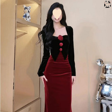 法式名媛气质感宴会晚礼服女秋冬纯欲风辣妹性感丝绒连衣裙子