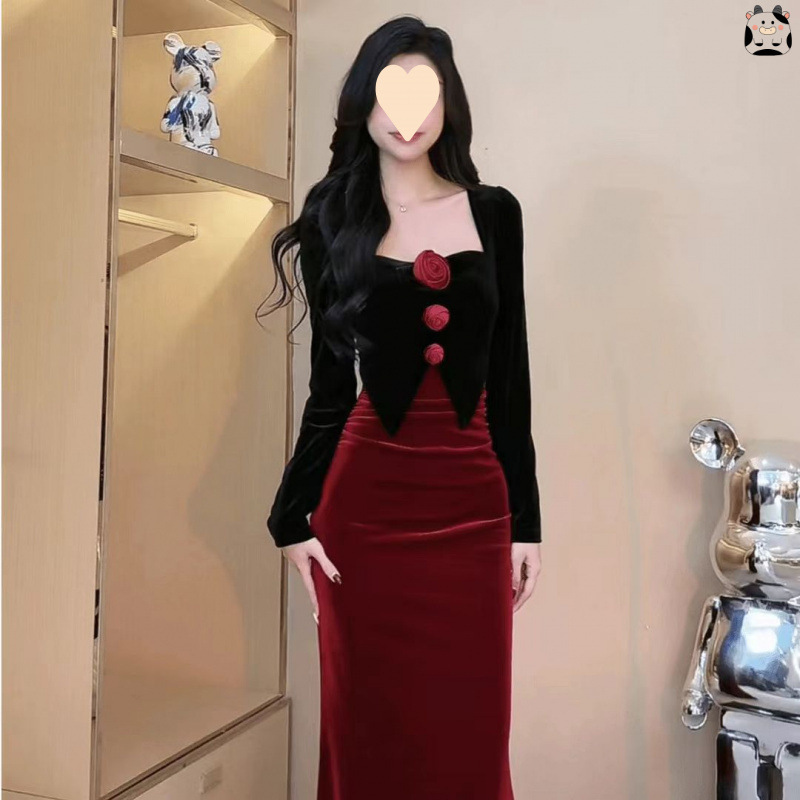 法式名媛气质感宴会晚礼服女秋冬纯欲风辣妹性感丝绒连衣裙子