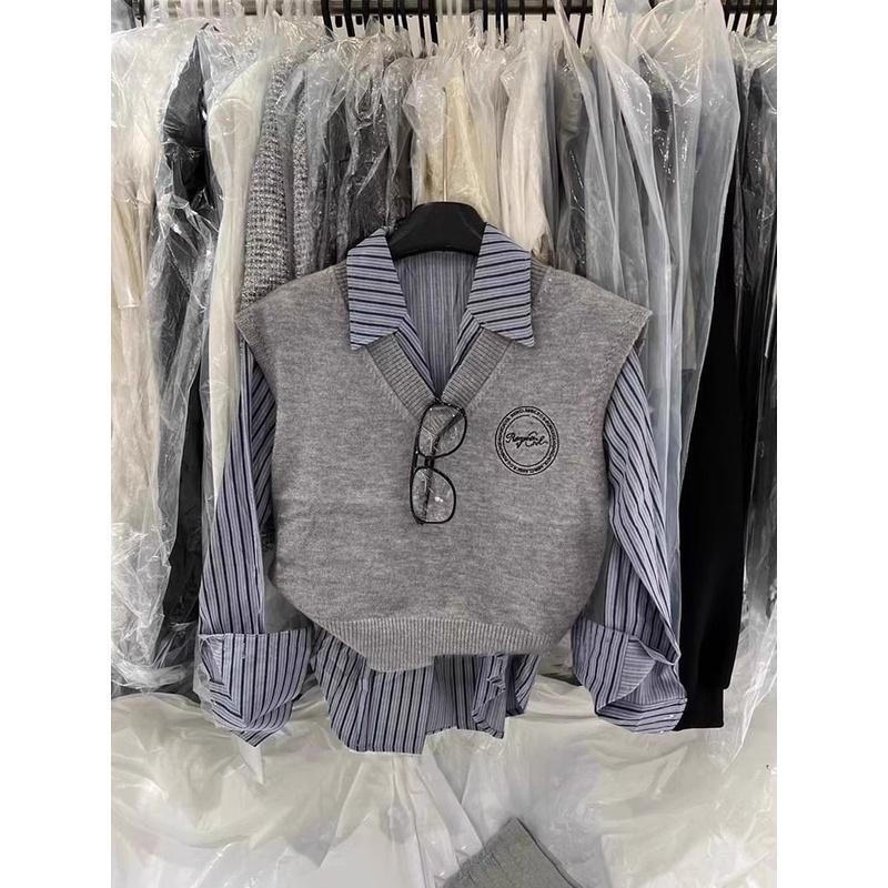 Stacked Waistcoat Sleeveless Top Outer Shirt Two-piece V-neck Knitted Vest Women's Autumn and Winter Outer Wear Sweater Vest