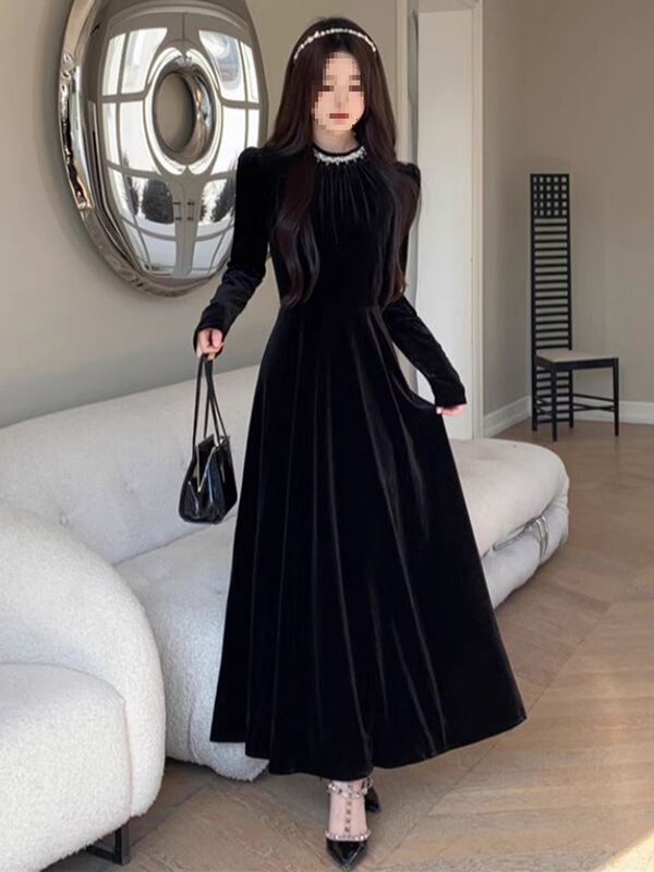 High-End Light Luxury Gold Velvet Skirt Black Dress Women's Autumn and Winter New Large Size Fat Hepburn Style Long Skirt