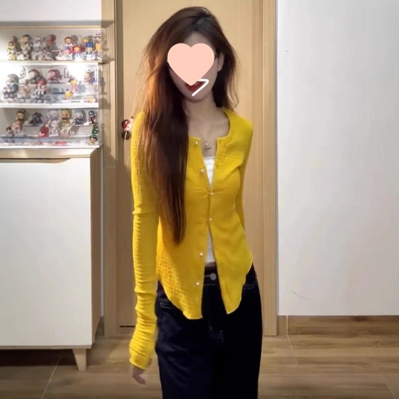 黄色针织开衫外套女秋季薄款外搭2025新款设计感修身长袖上衣早秋|undefined