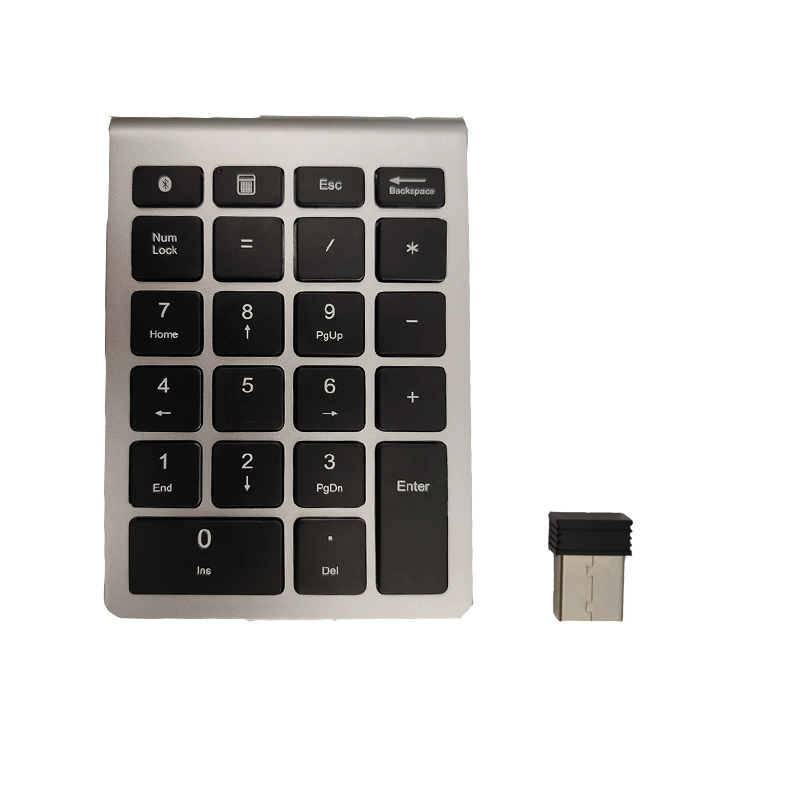 22-key wireless numeric keypad, Bluetooth 5.0 / 2.4G, ABS scissor-switch, battery-powered 2×AAA