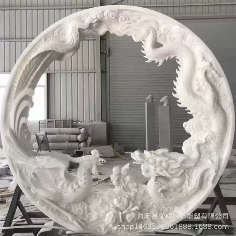 石雕汉白玉龙凤呈祥雕塑孔雀开屏神兽户外花岗岩凤凰龙雕塑摆件