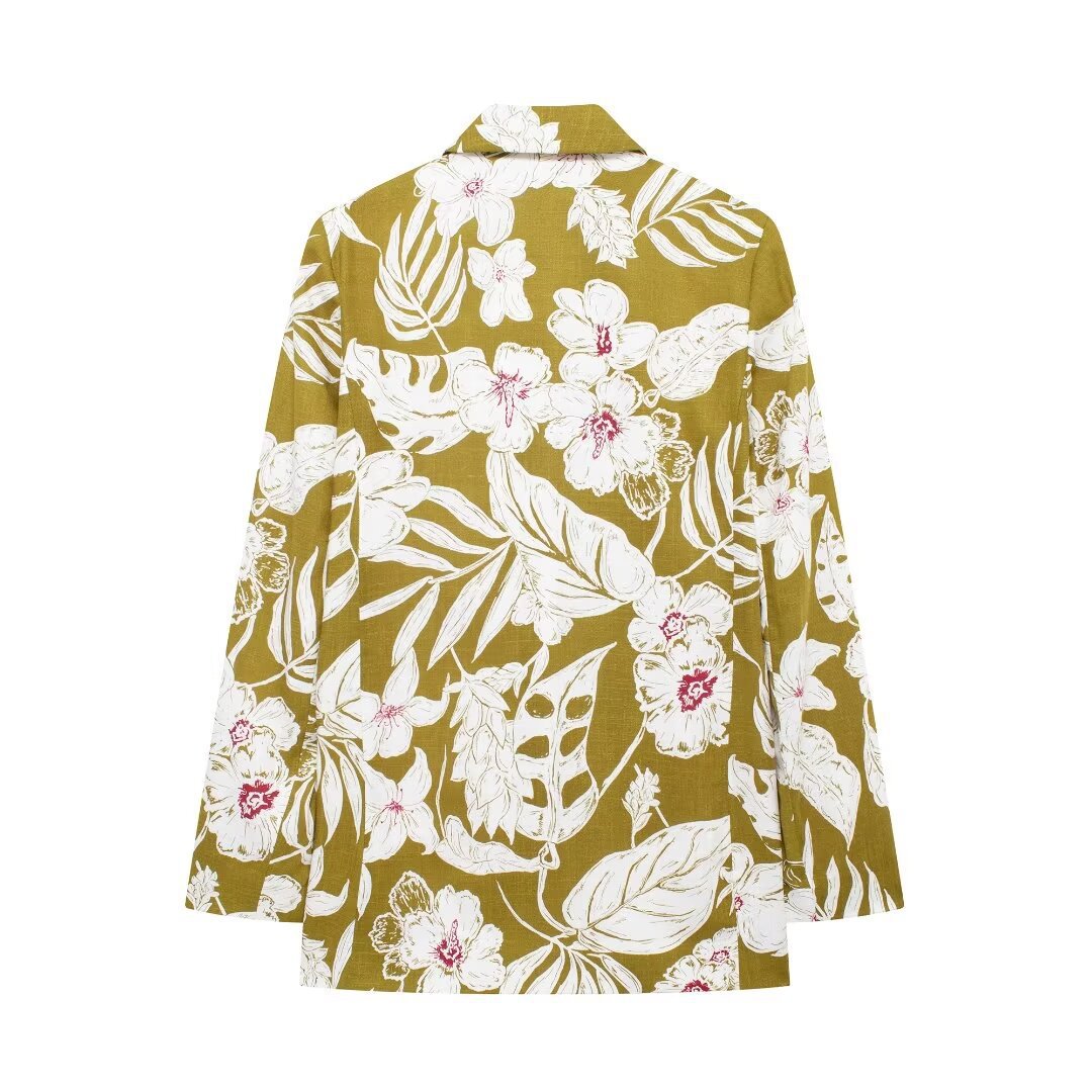 Women's linen blend flower print suit jacket pants dress set_voghion.com