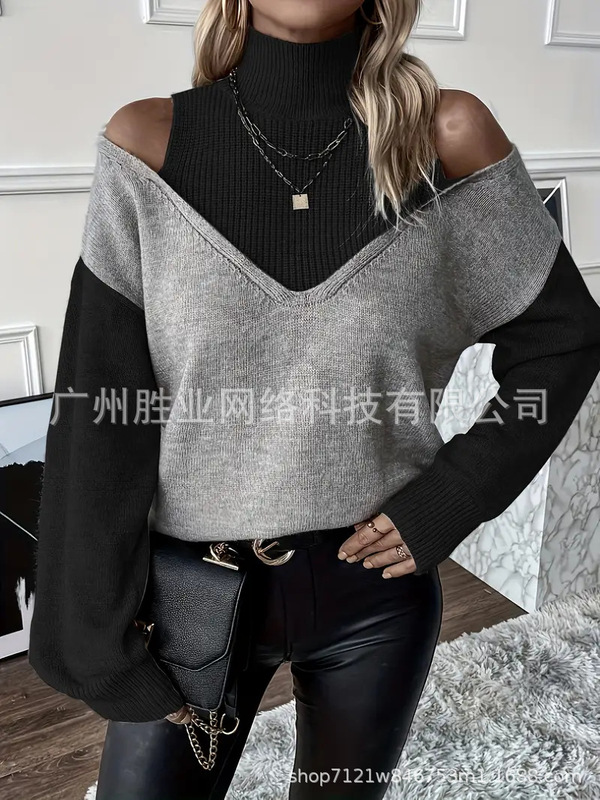 欧美跨境外贸高领秋冬毛衣时尚优雅长袖撞色毛衣露肩设计罗纹袖口|undefined