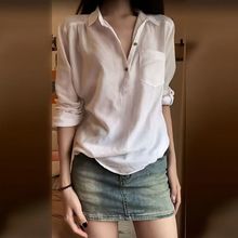 白色衬衫女夏季长袖设计感小众轻熟薄款宽松复古港味长袖法式上衣