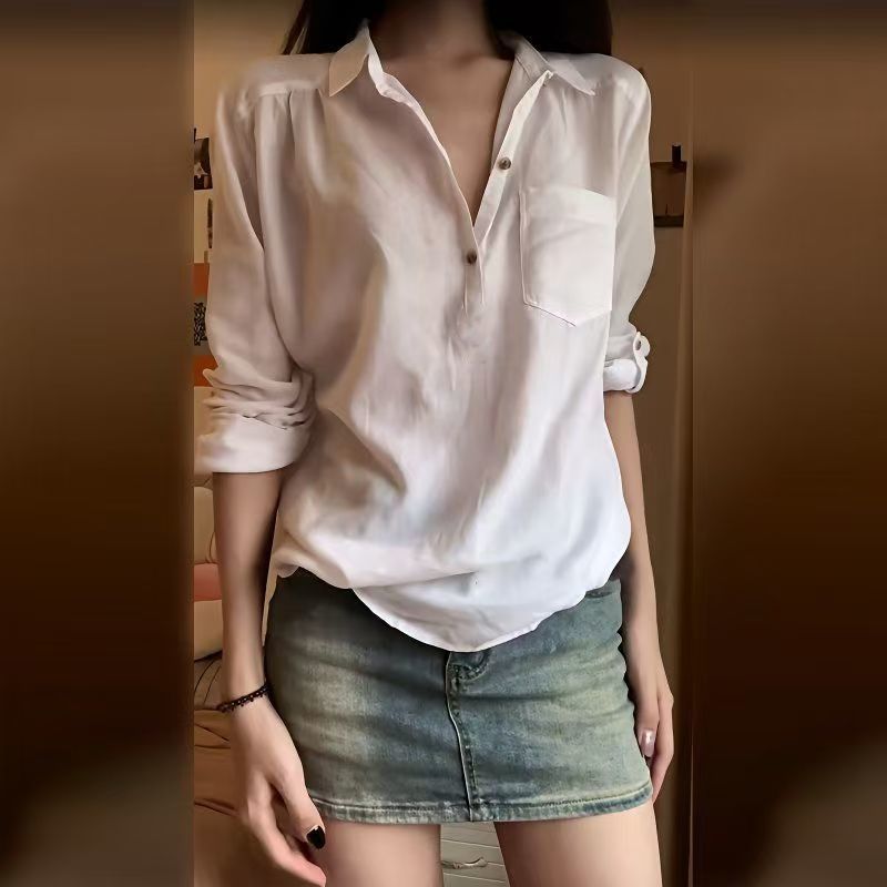 白色衬衫女夏季长袖设计感小众轻熟薄款宽松复古港味长袖法式上衣|undefined